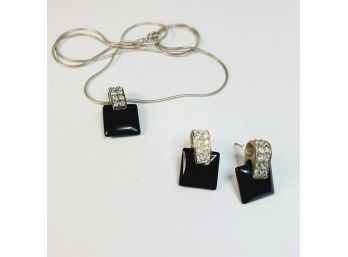 Vintage Black Onyx Sterling Silver Earrings And Pendant And Necklace Set