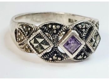 Vintage Sterling Silver Amethyst  Stone And Marcasite Ring