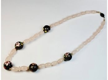 Fabulous Vintage Sterling Silver Hand Painted Enamel Rose Quartz  Beaded Necklace