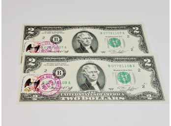 2 Consecutive Number   1976 First Day Of Issue April 13th Stamped Uncirculated $2 Dollar Bills