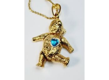 Teddy Bear With Blue Heart Stone Pendant And Necklace