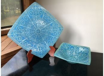 Two Beautiful Pieces Of Vintage Art Glass By HIGGINS - Great Colors - Shades Of Light Blue Green - Very Nice