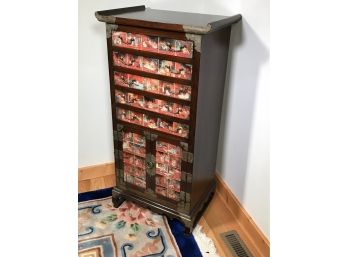 (2 Of 2) Beautiful Vintage Asian Multi Drawer Cabinet - With Hand Painted Panels -  Five Drawers & Two Doors