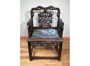 (2 Of 2) Spectacular Chinese Antique Heavily Carved Throne Chair With Marble Seat - Huanghuali ? Teak ?