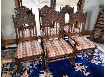 Lovely Set Of Six (6) Antique Tudor Style Dining Chairs - One Arm - Five Side - ALL CARVED - Beautiful Set