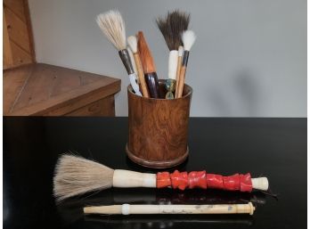 Fantastic Antique Rosewood Brush Pot With Brushes Including Red Coral Handle And Many Others GREAT LOT !