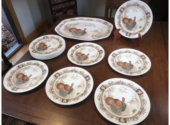 Fabulous Vintage Johnson Brothers BARNYARD KING / THANKSGIVING / Large Turkey Platter & 12 Dinner Plates
