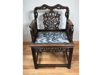 (1 Of 2) Spectacular Chinese Antique Heavily Carved Throne Chair With Marble Seat - Huanghuali ? Teak ?