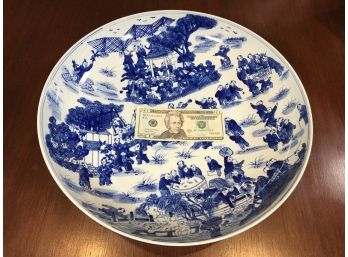 HUGE Vintage Japanese Blue & White Porcelain Bowl - Beautiful Piece - GREAT LARGE SIZE - Nice Vintage Piece