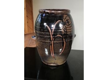 Interesting Glazed Redware  / Pottery Jar / Vessel - Stoneware - Dark Brown Glaze - Overall Good Condition