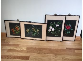 Four (4) Very Nice Vintage Framed Asian Embroideries In Black Faux Bamboo Frames - Very Interesting Pieces