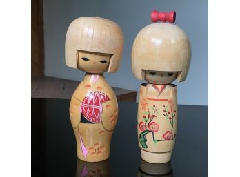 Two Very Nice Vintage Wooden Japanese Kokeshi Dolls - Traditional Toy Made For Almost 200 Years In Japan