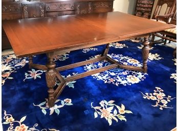 Beautiful Antique Oak Tudor Style Dining Table With Carved Legs - GREAT Table - Three Leaves - 1920s / 30s