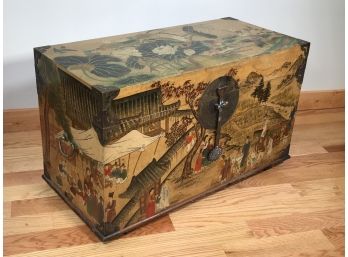 Gorgeous Vintage Asian Storage Trunk Appears All Hand Painted - Lined In Pale Green Silk With Brass Hardware