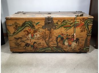 Fabulous Vintage Hand Painted Asian Storage Chest With Pale Green Silk Lining With Brass Hardware BEAUTIFUL !