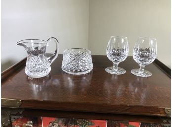Group Of Four (4) Pieces Of WATERFORD Crystal - Sugar & Creamer And Two WATERFORD Brandy Glasses - ALL MINT !