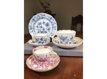 Three Gorgeous Antique MEISSEN Large Teacups - Two Blue Onion Sets - One Pink Floral Set - GREAT LOT !