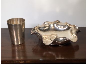 Two Pieces Of Antique Sterling Silver - Tray Made From 1800s Peruvian Coin And 800 Silver Julep Type Cup