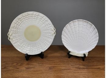 Two Vintage BELLEEK Platters - Older Green Mark - Made In Ireland - Larger Platter Is 10-1/2' Inches