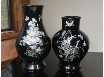 Two Very Pretty Korean Lacquer Ware Vases With Very Intricate Abalone Inlays - Both Are Very Nice Pieces