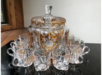 Incredible Vintage Bohemian Amber Cut To Clear Punch Bowl Set  - 10 Cups & Lidded Bowl - Looks Unused !