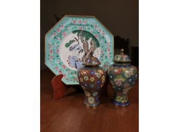 Three Piece Of Antique / Vintage Cloisonne / Champleve - Two Lidded Urns & One Platter  Charger - Nice Lot