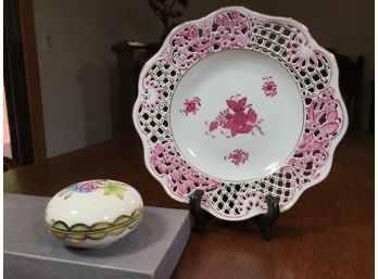Two Pieces Of Vintage HEREND Porcelain - Made In Hungary - Pink Chinese Bouquet Plate & Covered Floral Box