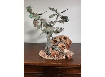 Very Interesting Vintage Bronze Bonsai Tree - Artist Signed - Illegibly On Base - Very Detailed Piece