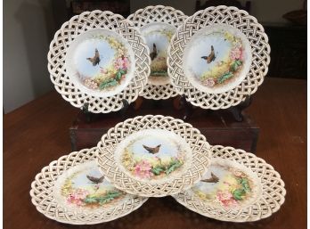 Stunning Set Of Six (6) Antique French Reticulated Porcelain Hand Painted Plates With Butterflies - WOW !