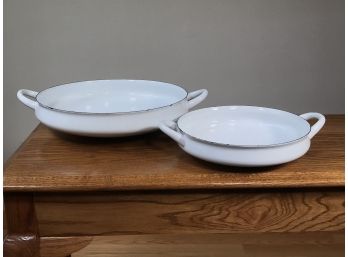 Two Modern Enamel DANSK Cooking Pots / Pans - Newer But Designed By Jens Quistgaard - Both White Enamel Pans