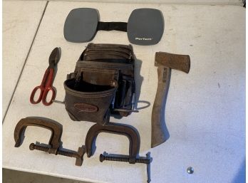 Leather Tool Pouch ,axe, Kneepads, C Clamps,Snips