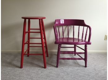 Red Stool And Wooden Spindle Back Chair