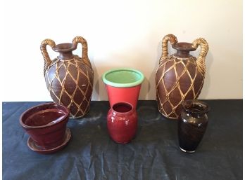 Pair Of Cane Wrapped Ewer Vases And More