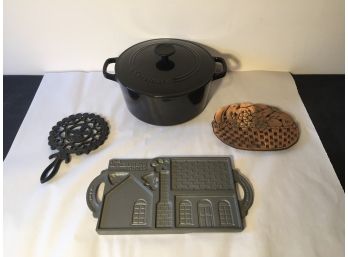 Cuisinart Enameled Cast Iron Stock Pot, Cast Iron Gingerbread House Mold, And Iron Trivets