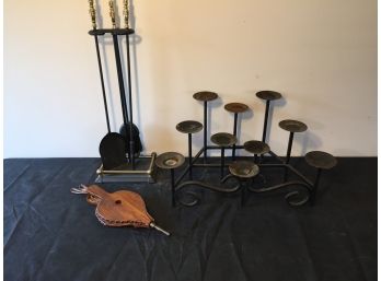 Fireplace Tools And A Wrought Iron Ten Candle Fireplace Candle Stand