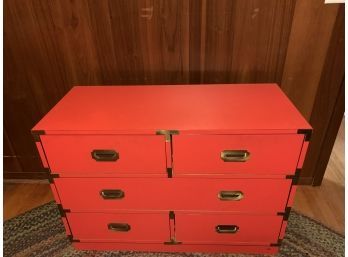 Vintage Mid Century Red Five Drawer Dresser With Brass Accents