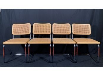 Set Of Four Vintage Tubular Steel Caned Chairs In The Style Of The Marcel Breuer Cesca