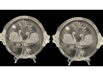 Pair Of Walther-Glass - SCHWANENSEE - Double Swan Handled Cake Plates