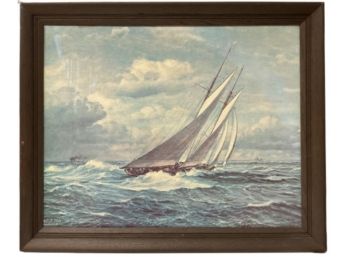 Framed 1959 'Sailboat In Wind' Offset Print On Canvas, By Johannes Tolst