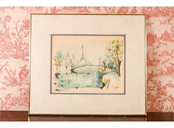 Claude Fauchere (French, B. 1936)  Midcentury Watercolor Parisian Eiffel Tower Scene