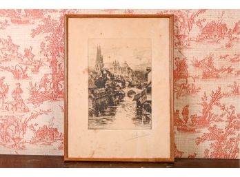 Antique French Pen & Ink Sketch 'Chartres Vue Sur, Eure'