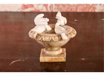 Signed Marble Birdbath Figurine With Alabaster Birds