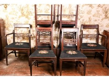 Collection Of Eight Antique Dining Chairs With Embroidered Seats