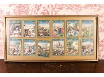 Antique Set Of Twelve Framed Cards Depicting Medieval Scenes