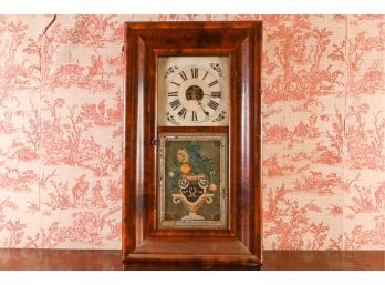 Antique Eight-Day Wall Clock In Walnut Case With Hand-Painted Door