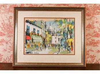 Claude Fauchere (French, B. 1936) Midcentury Watercolor Parisian Street Scene, Place Du Tertre