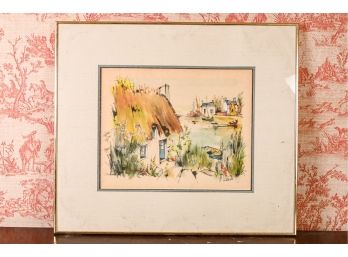 Claude Fauchere Midcentury Watercolor, Cottage By A Harbor