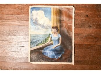 Original Oil Painting On Loose Canvas, Seated Woman By The Sea