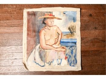 Original Oil Painting On Loose Canvas, Seated Woman In A Sun Hat