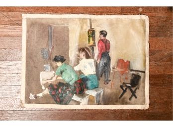 Original Midcentury Painting On Loose Canvas, Art Class Scene